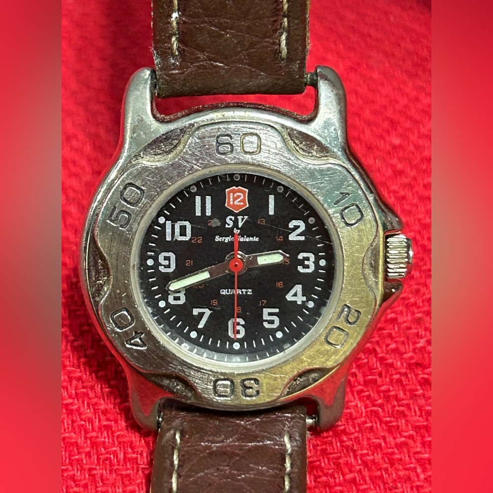 SV by SERGIO VALENTE Quartzβ Watch Black Dial Brown Leather Band NEW BATTERY